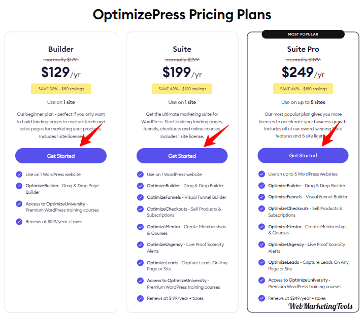OptimizePress Pricing with features 2 OptimizPress pricing plans 2023