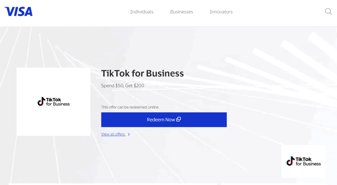 Tiktok ad credit offer on Visa